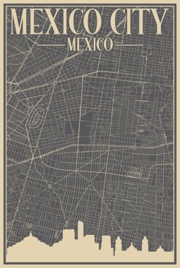 Şehir merkezindeki Meksiko şehrinin renkli el yapımı çerçeveli posteri, vurgulanmış klasik şehir silueti ve harfleriyle Meksiko.