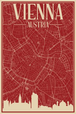 Şehir merkezindeki VIENNA, AUSTRIA 'nın renkli el yapımı çerçeveli posteri, vurgulanmış klasik şehir silueti ve harfleri