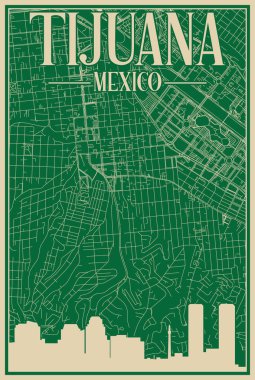 TİJUANA, MEXICO 'nun renkli el yapımı çerçeveli posteri vurgulanmış klasik şehir silueti ve harfleri