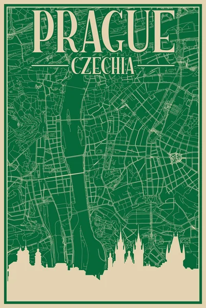 Şehir Merkezindeki Prague Czechia Nın Renkli Yapımı Çerçeveli Posteri Vurgulanmış — Stok Vektör