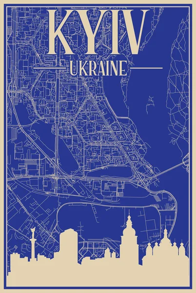 Colorato Poster Incorniciato Mano Del Centro Kyiv Ucraina Con Skyline — Vettoriale Stock