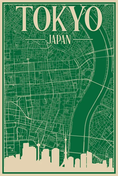 Красочный Плакат Обрамлении Ручной Работы Центра Города Токио Япония Выделенным — стоковый вектор