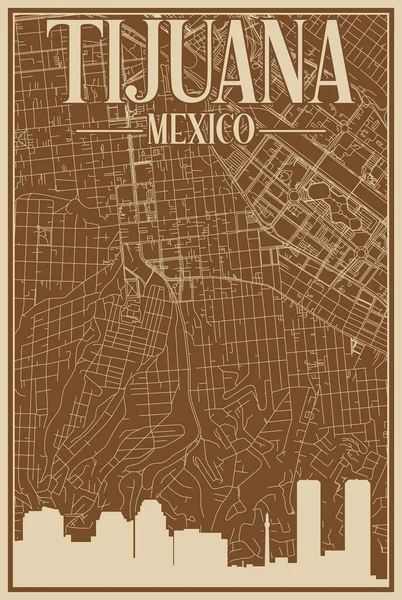 繁華街 ティジャナ のカラフルな手描きのポスター ヴィンテージ感のある街のスカイラインとレタリングが印象的なMexico — ストックベクタ