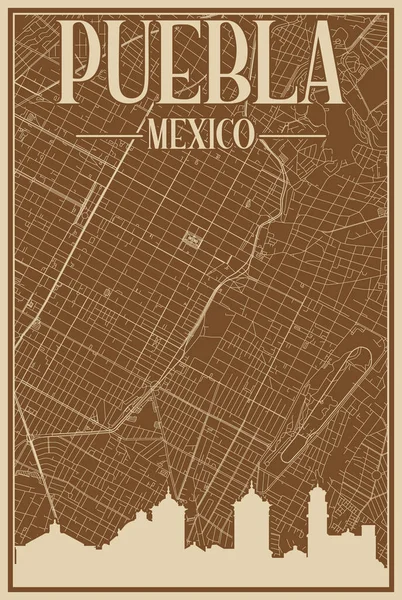 Красочный Обрамленный Вручную Плакат Центра Города Puebla Mexico Выделенным Винтажным — стоковый вектор