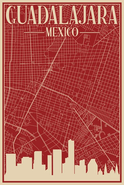 Красочный Обрамленный Вручную Плакат Центра Города Гвадалахара Mexico Выделенным Винтажным — стоковый вектор