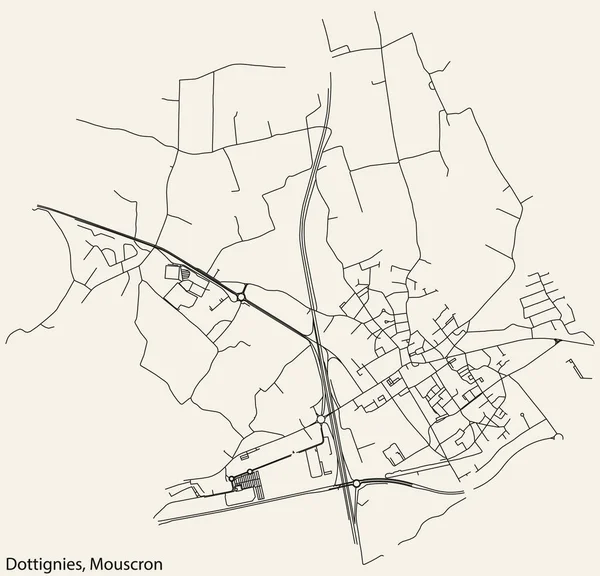 Detaillierte Handgezeichnete Straßenkarte Der Dottignies Municipality Der Belgischen Stadt Mouscron — Stockvektor