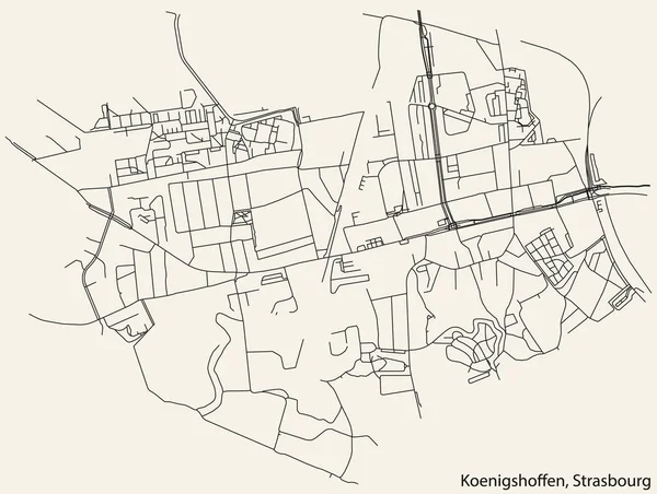 Detaillierte Handgezeichnete Stadtstraßennavigationskarte Des Koenigshoffen District Der Französischen Stadt Strasbourg — Stockvektor