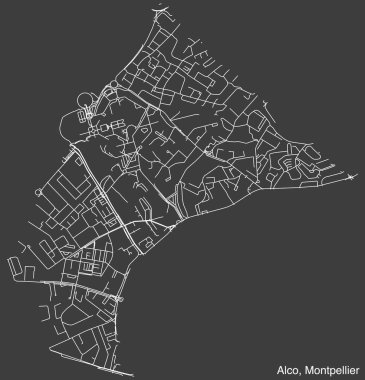 Fransa 'nın MontPELLIER kentinin ALCO NeIGHBOURHOOD haritasının ayrıntılı elle çizilmiş yol haritası ve sağlam arka plan üzerinde isim etiketi