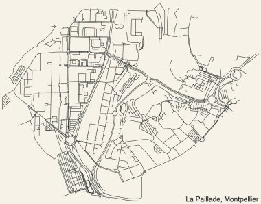 Fransa 'nın MontTPELLIER kentinin Los Angeles PaILLADE NeIGHBOURHOOD haritasının detaylı elle çizilmiş yol haritası ve sağlam arka plan üzerinde isim etiketi