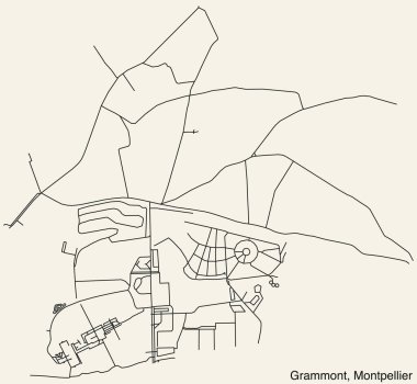 Fransa 'nın MontPELLIER kentinin GRAMMONT Komşularının elle çizilmiş yol haritası ve sağlam arka plan üzerinde isim etiketi