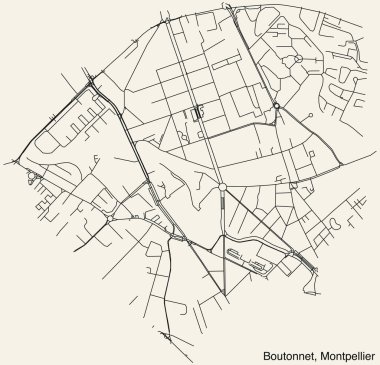 Fransa 'nın MontTPELLIER kentinin BOUTONNET Komşularının elle çizilmiş yol haritası ve sağlam arka plan üzerinde isim etiketi