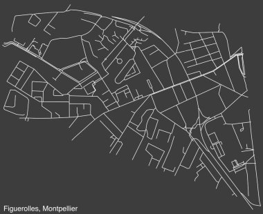 Fransa 'nın MontTPELLIER kentinin FIGUEROLLES NeIGHBOURHOOD haritasının detaylı elle çizilmiş yol haritası ve sağlam arka plan üzerinde isim etiketi