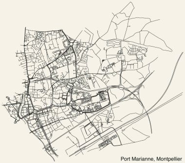 Fransa 'nın MontPELLIER kentinin PORT MARIANNE QuARTER' ının detaylı el çizimi yol haritası ve sağlam arka plan üzerinde isim etiketi