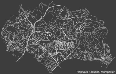 Fransa 'nın MontTPELLIER kentindeki HOPITAUX FACULTES Çeyreği' nin elle çizilmiş yol haritası ve sağlam arka plan üzerinde isim etiketi