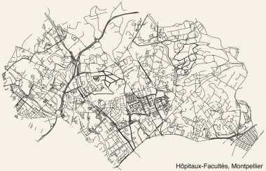 Fransa 'nın MontTPELLIER kentindeki HOPITAUX FACULTES Çeyreği' nin elle çizilmiş yol haritası ve sağlam arka plan üzerinde isim etiketi