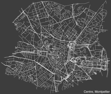 Fransa 'nın MontPELLIER şehrinin CENTRE QuARTER' ının detaylı el çizimi seyir yolları haritası ve sağlam arka planda isim etiketi