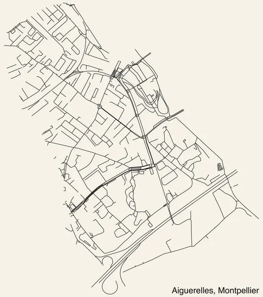 Detaillierte Handgezeichnete Straßenkarte Der Aiguerelles Neighbourhood Der Französischen Stadt Montpellier — Stockvektor