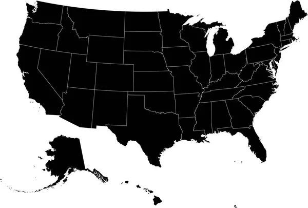 Colore Nero Cmyk Mappa Piatta Dettagliata Degli Stati Uniti America — Vettoriale Stock