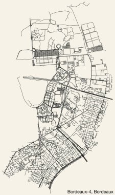 Fransa 'nın BORDEAUX kentinin BORDEAUX-4 CANTON haritasının ayrıntılı elle çizilmiş yol haritası ve sağlam arka plan üzerinde isim etiketi
