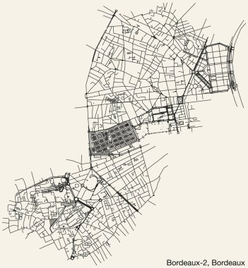 Fransa 'nın BORDEAUX kentinin BORDEAUX-2 CANTON haritasının ayrıntılı elle çizilmiş yol haritası ve sağlam arka plan üzerinde isim etiketi