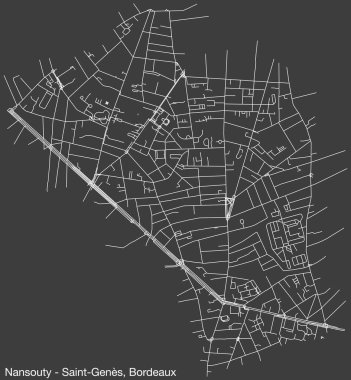 Fransa 'nın BORDEAUX kentinin NANSOUTY-SAINT-GENES QuARTER' ının ayrıntılı elle çizilmiş yol haritası ve sağlam arka plan üzerinde isim etiketi