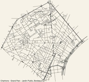 CHARTRONS - GRAND PARC - Fransa 'nın BORDEAUX kentinin JARDIN PUBLIC Karargahı - Fransa' nın canlı yol çizgileri ve sağlam arka plan üzerinde isim etiketi ile ayrıntılı elle çizilmiş şehir yolları haritası