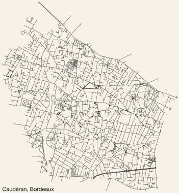 Fransa 'nın BORDEAUX kentinin CAUDERAN QuARTER' inin elle çizilmiş yol haritası ve sağlam arka planda isim etiketi