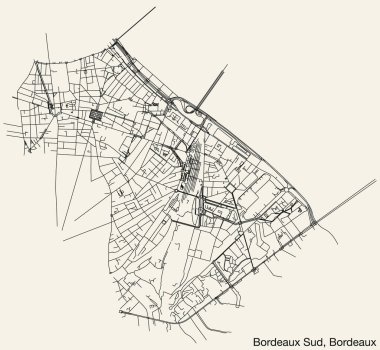 Fransa 'nın BORDEAUX şehrinin BORDEAUX semtindeki BORDEUX SUD caddelerinin detaylı el çizimi yol haritası ve sağlam arka plan üzerinde isim etiketi