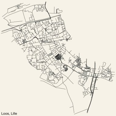 Fransa 'nın LILLE şehrinin LOOS QuARTER' ının elle çizilmiş yol haritası ve sağlam arka planda isim etiketi var.