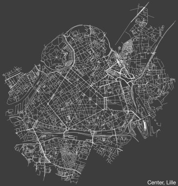 Fransa 'nın LILLE şehrinin CENTER QuARTER bölgesinin elle çizilmiş yol haritası ve sağlam arka planda isim etiketi