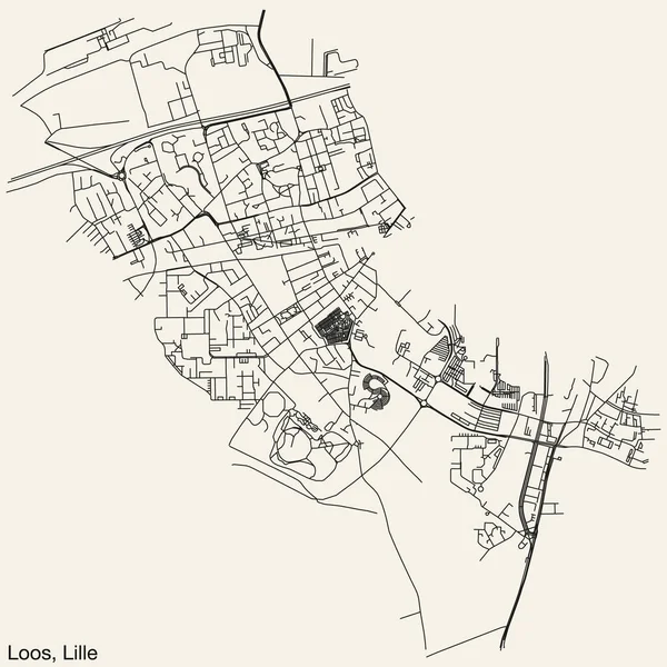 Detaillierte Handgezeichnete Stadtstraßennavigationskarte Des Loos Quarter Der Französischen Stadt Lille — Stockvektor