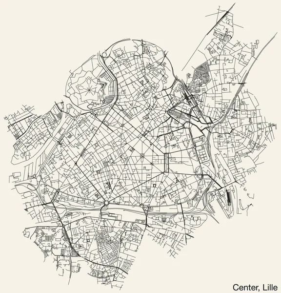 フランスのリール市中心部の詳細な手描きのナビゲーション都市道路地図 鮮やかな道路ラインと固体背景に名札でフランス — ストックベクタ