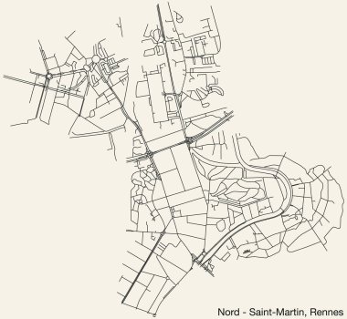 Fransa 'nın RENNES şehrinin SAINT-MARTIN Karargahı olan NORD' un ayrıntılı elle çizilmiş yol haritası ve sağlam arka plan üzerinde isim etiketi