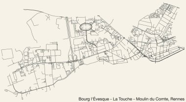 BOURG-L 'VESQUE - LA TOUCHE - Fransa' nın RENES kentinin MOULIN DU COMTE QuARTER 'ının ayrıntılı elle çizilmiş yol haritası ve sağlam arka plan üzerinde isim etiketi