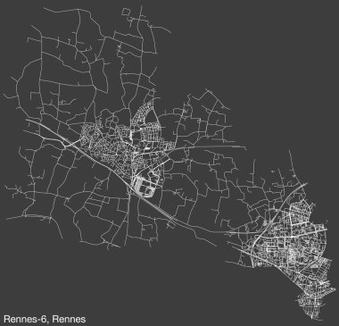Fransa 'nın RENNES kentindeki RENES-6 CANTON kentsel yol haritasının ayrıntılı elle çizilmiş yol çizimleri ve sağlam arka planda isim etiketi