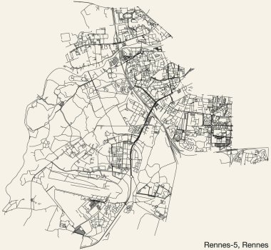 Fransa 'nın RENNES kentindeki RENES-5 CANTON kentsel yol haritasının ayrıntılı elle çizilmiş yol çizimleri ve sağlam arka planda isim etiketi