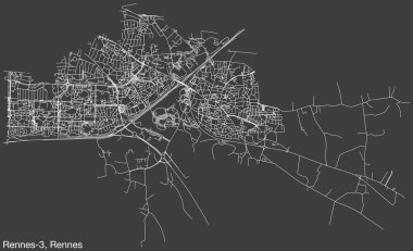 Fransa 'nın RENNES kentindeki RENES-3 CANTON kentsel yol haritasının ayrıntılı elle çizilmiş yol çizimleri ve sağlam arka planda isim etiketi