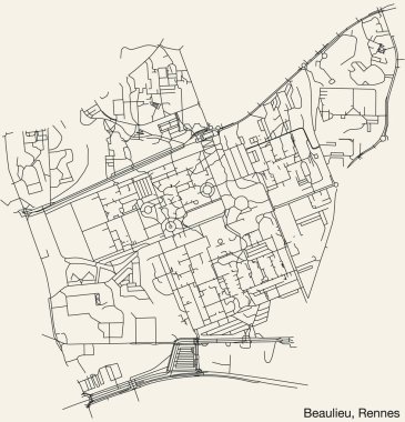 Fransa 'nın RENES kentinin BeaULIEU alt-QuARTER' ının elle çizilmiş yol haritası ve sağlam arka planda isim etiketi