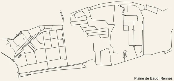 フランスのレンヌ市のPlaine Baud Sub Quarterの詳細な手描きのナビゲーション都市道路地図 鮮やかな道路ラインと固体背景に名札を持つフランス — ストックベクタ