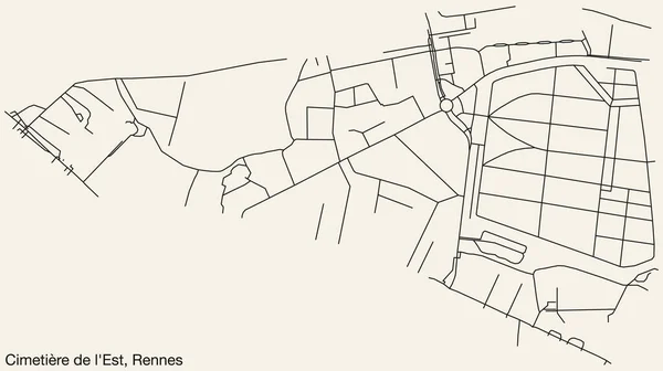 法国Rennes市Cimetire Est Sub Quarter的详细的手工绘制的导航城市街道路线图 道路线条清晰 背景坚实 — 图库矢量图片