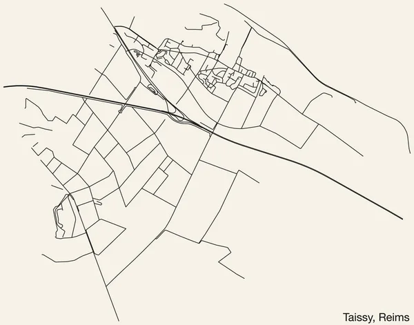 フランスの首都ランスのTaissy Couneの詳細な地図 鮮やかな道路線と名前のタグを持つ手描きのナビゲーション都市道路地図固体背景 — ストックベクタ