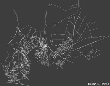Fransa 'nın REIMS şehrinin REIMS-5 CANTON kentsel yol haritasının ayrıntılı elle çizilmiş yol çizimleri ve sağlam bir arka planda isim etiketi