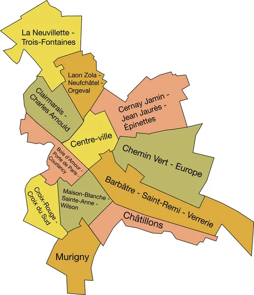 Reims的Pastel平面矢量行政地图 带有名称标签的法国及其各区的黑色边界线 — 图库矢量图片