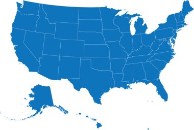 BLUE CMYK rengi, Amerika Birleşik Devletleri 'nin beyaz federal devletlerle şeffaf arkaplan üzerindeki düz haritasının ayrıntılı bir çizimi