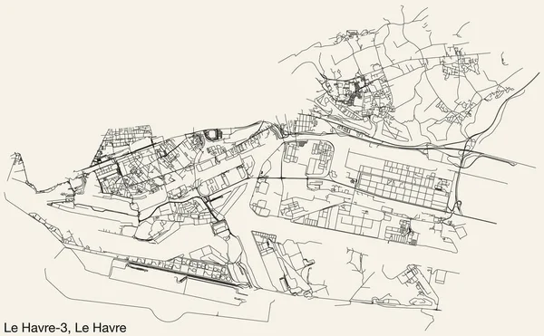 フランス ハヴレ市のLe Havre Cantonの詳細な手描きナビゲーション ロードマップ 鮮やかなロードラインと名前タグがしっかりとした背景にあります — ストックベクタ