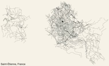 Fransız şehri SAINT-TIENNE 'nin elle çizilmiş yol haritası, katı yol çizgileri ve klasik arka planda isim etiketi olan FRANCE