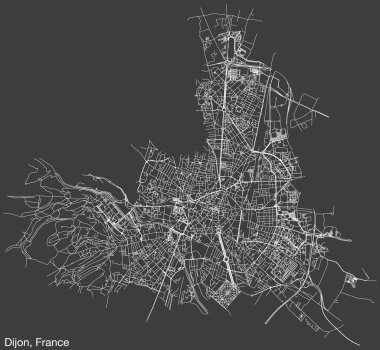 Fransız şehri DIJON, FRANCE 'ın ayrıntılı elle çizilmiş yol haritası ve klasik arka planda isim etiketi