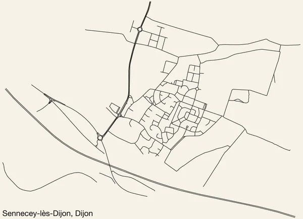 Detaillierte Handgezeichnete Stadtstraßennavigationskarte Des Sennecey Dijon Quarter Der Französischen Stadt — Stockvektor