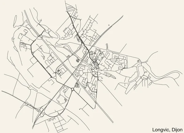 Mapa Detalhado Estradas Urbanas Navegação Desenhadas Mão Quarto Longvic Cidade — Vetor de Stock