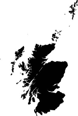 Avrupa ülkesi SCOTLAND 'ın şeffaf arkaplan üzerindeki siyah CMYK rengi ayrıntılı düz şablon haritası